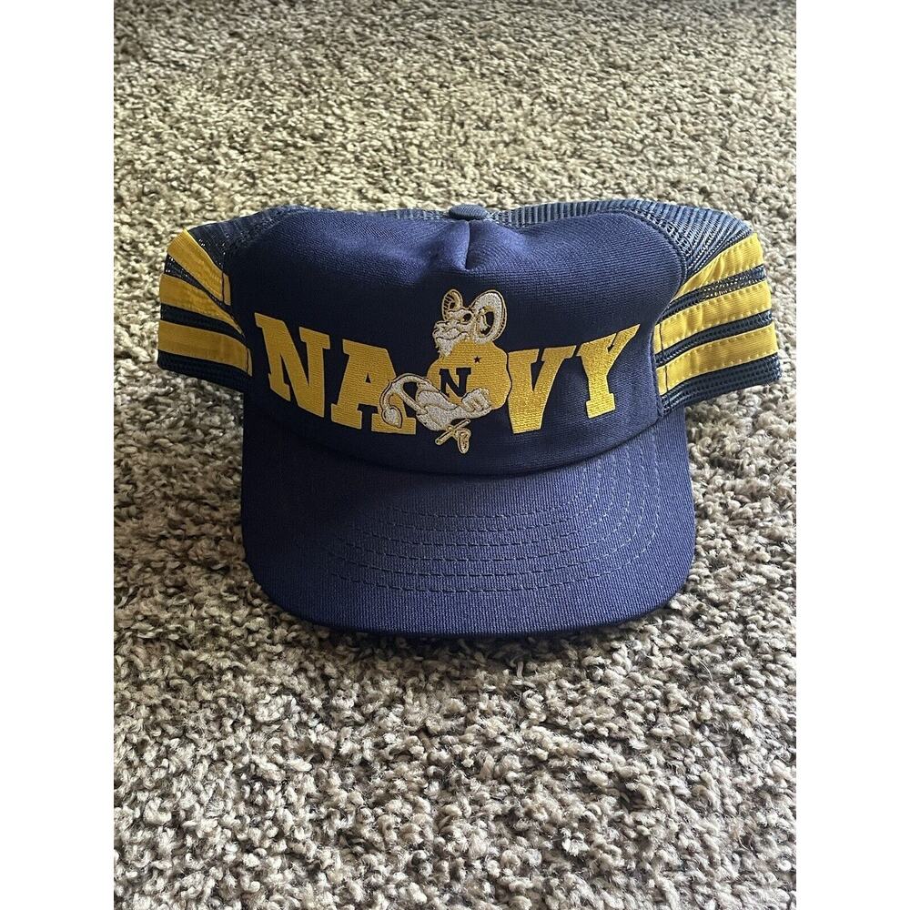 Vintage 3 Stripe Trucker Hat NAVY Logo Made In USA Mesh SnapBack